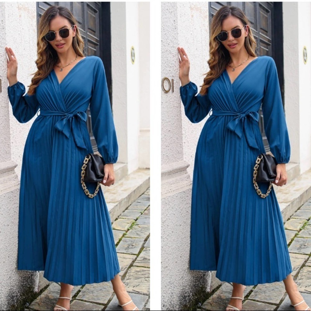 Blue Pleated Long Sleeve Surplice Maxi Dress